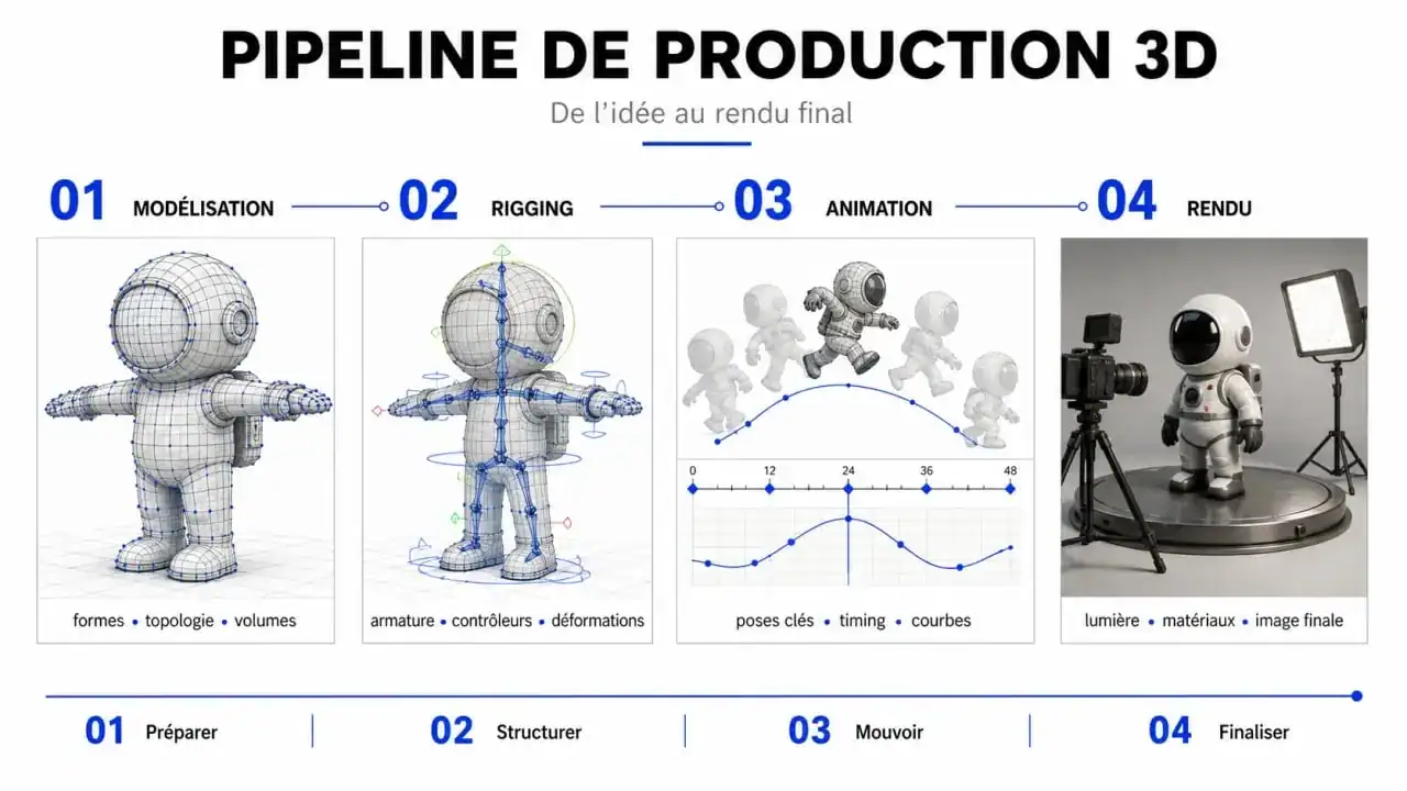 Infographie sur les étapes d'une formation 3D et le pipeline de production