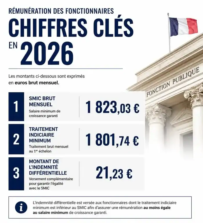 Infographie des chiffres clés de l'augmentation des fonctionnaires 2026 et indemnité différentielle