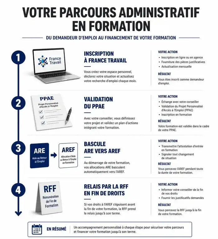 Infographie du parcours de formation pour demandeur d'emploi et chômeur en formation