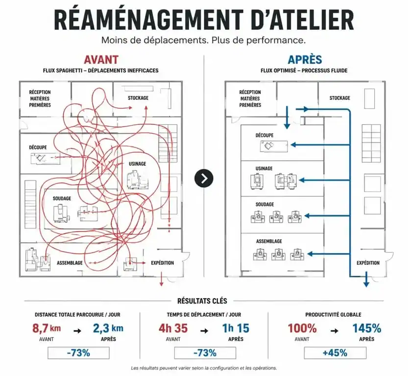 Comparaison visuelle avant/après d'un diagramme spaghetti pour l'optimisation des flux en entreprise