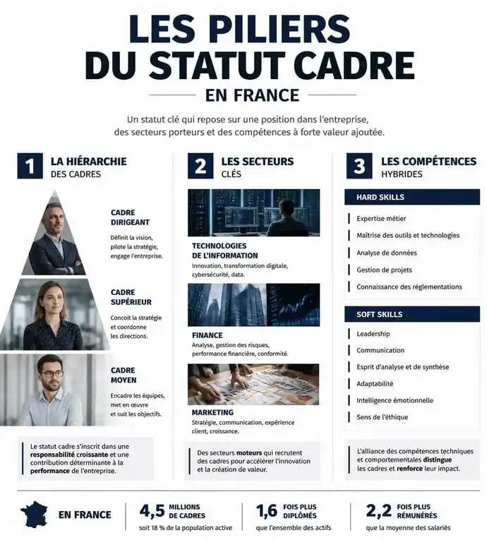 Infographie récapitulative sur le métier cadre en France : hiérarchie, secteurs et compétences clés.