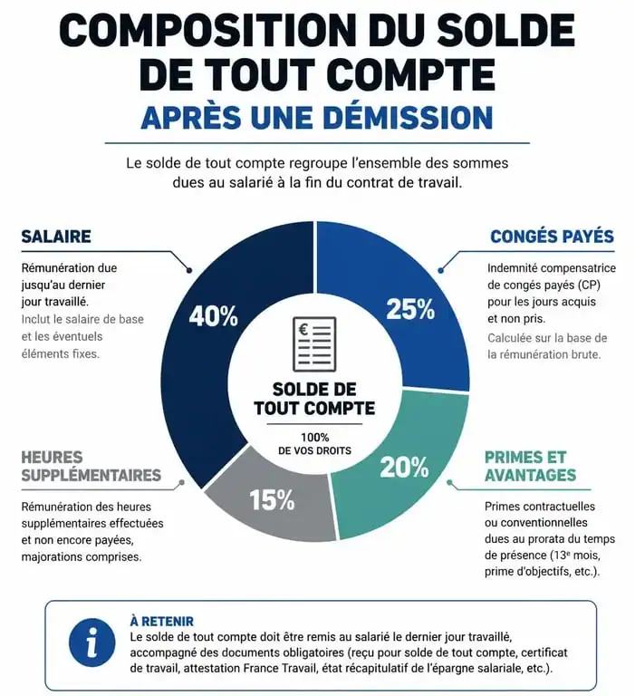 Infographie explicative sur la composition du solde de tout compte en cas de démission