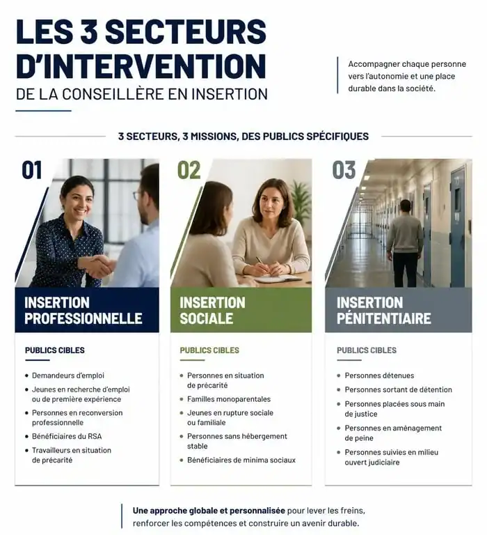 Infographie des secteurs d'intervention d'une conseillère en insertion professionnelle