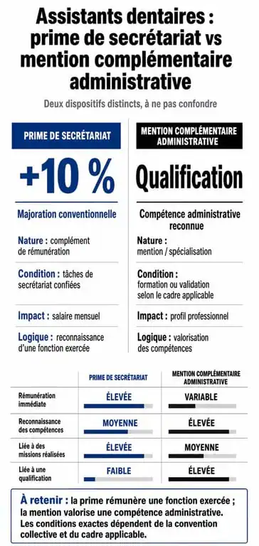 Infographie comparative : Prime de secrétariat vs Mention complémentaire administrative pour assistante dentaire