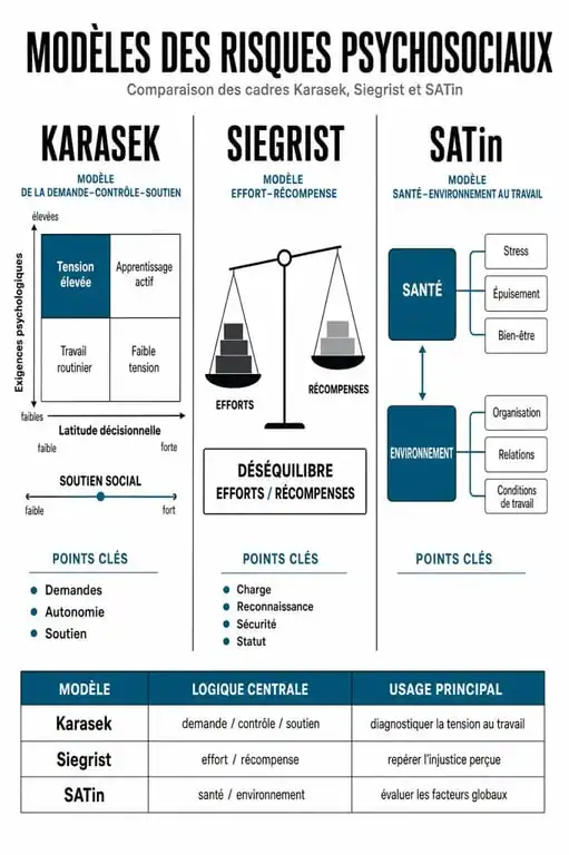 Comparatif des modèles de questionnaire RPS : Karasek, Siegrist et SATin pour l'évaluation des risques psychosociaux en entreprise.