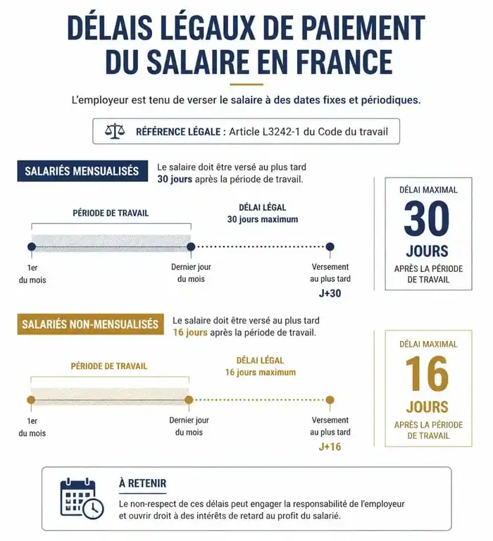 Infographie sur les délais légaux de paiement du salaire en France