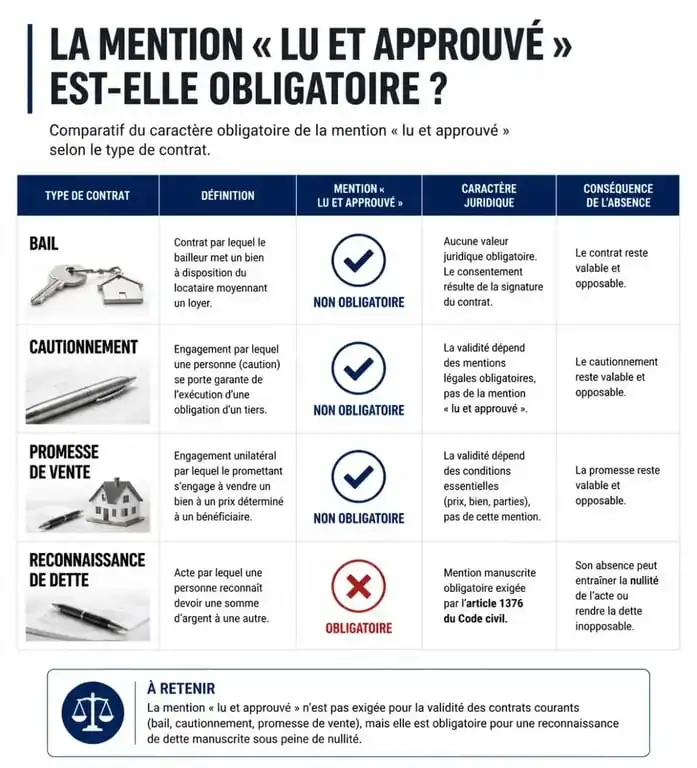 Tableau comparatif de la valeur juridique de la mention lu et approuvé selon le type de contrat