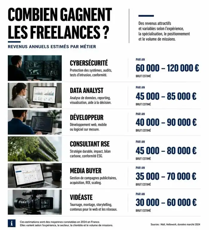 Infographie des métiers à son compte les mieux payés et leurs revenus annuels estimés