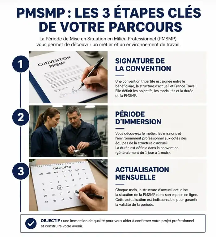 Infographie des étapes administratives de la PMSMP pour le stage d'immersion Pôle Emploi
