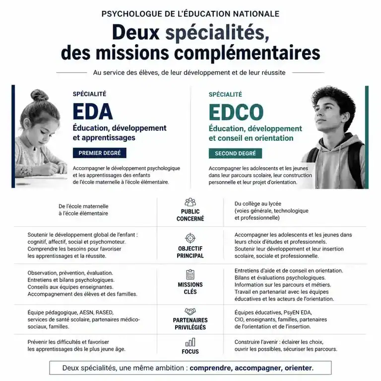Infographie présentant les deux spécialités du psychologue scolaire : EDA et EDCO