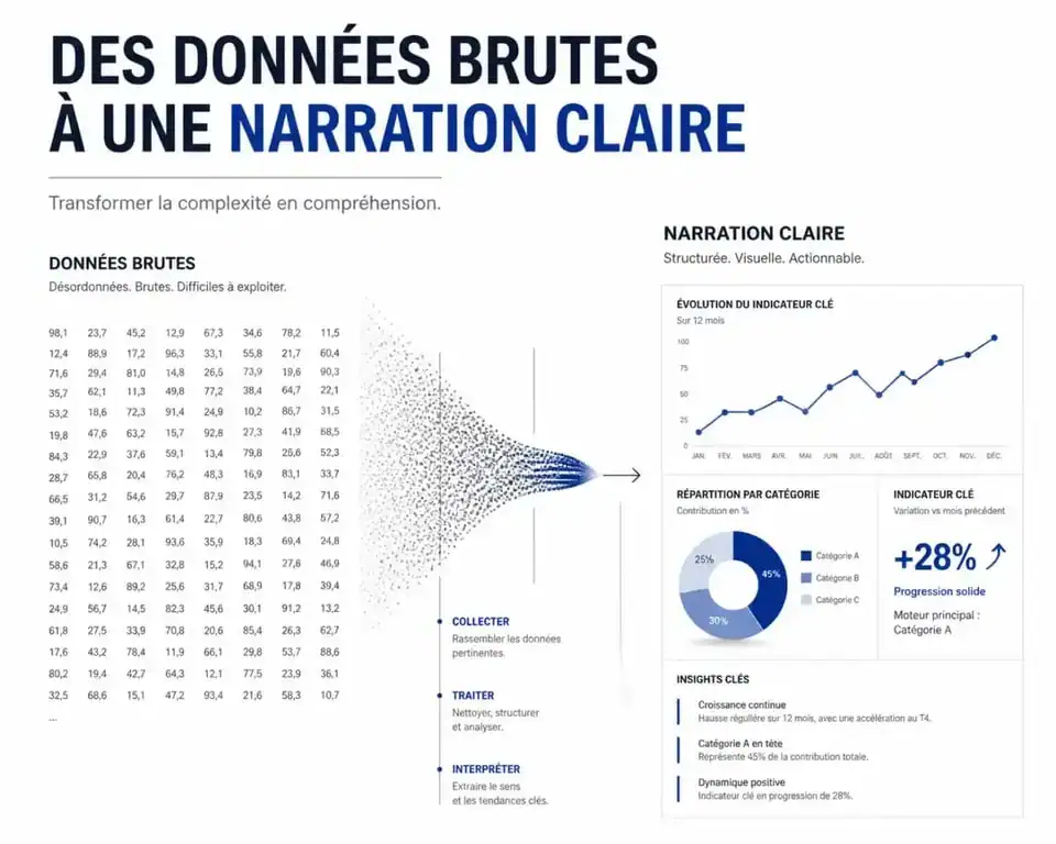 Illustration conceptuelle de la transformation de données brutes en infographie claire et structurée