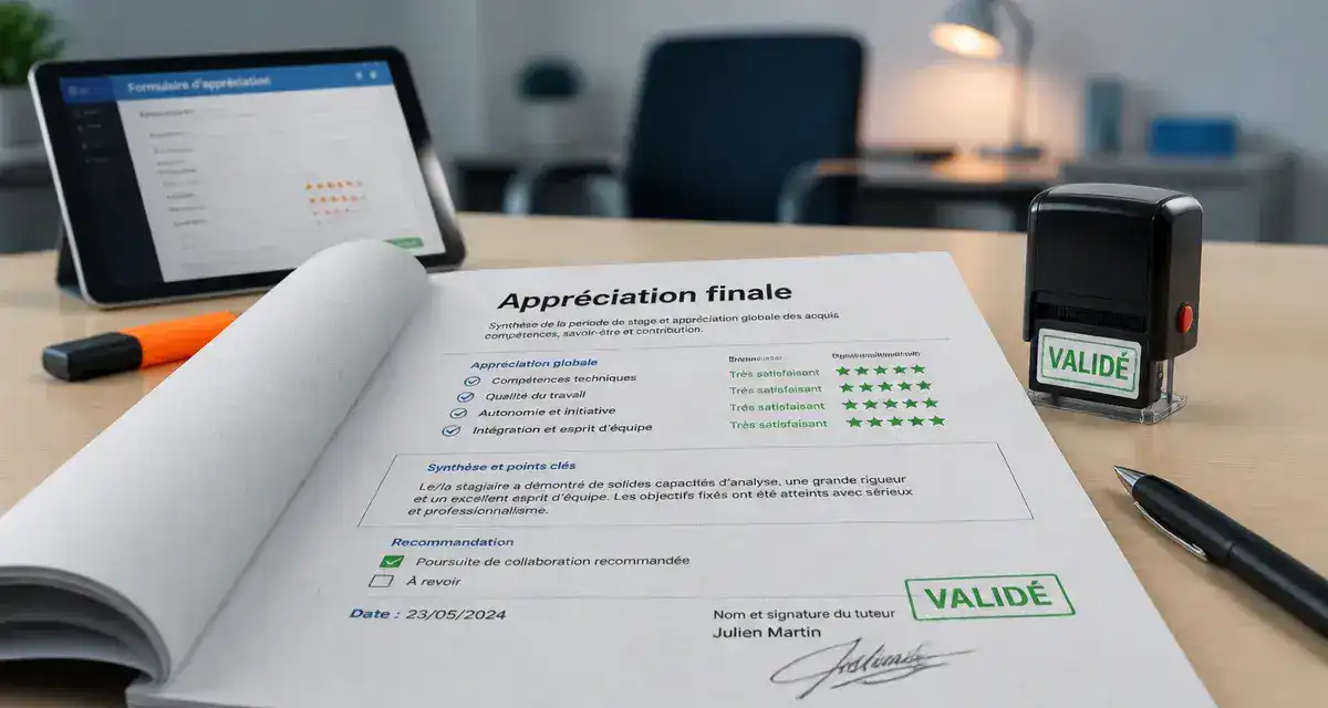 Exemple d'appréciation du tuteur de stage : appréciation finale sur documents