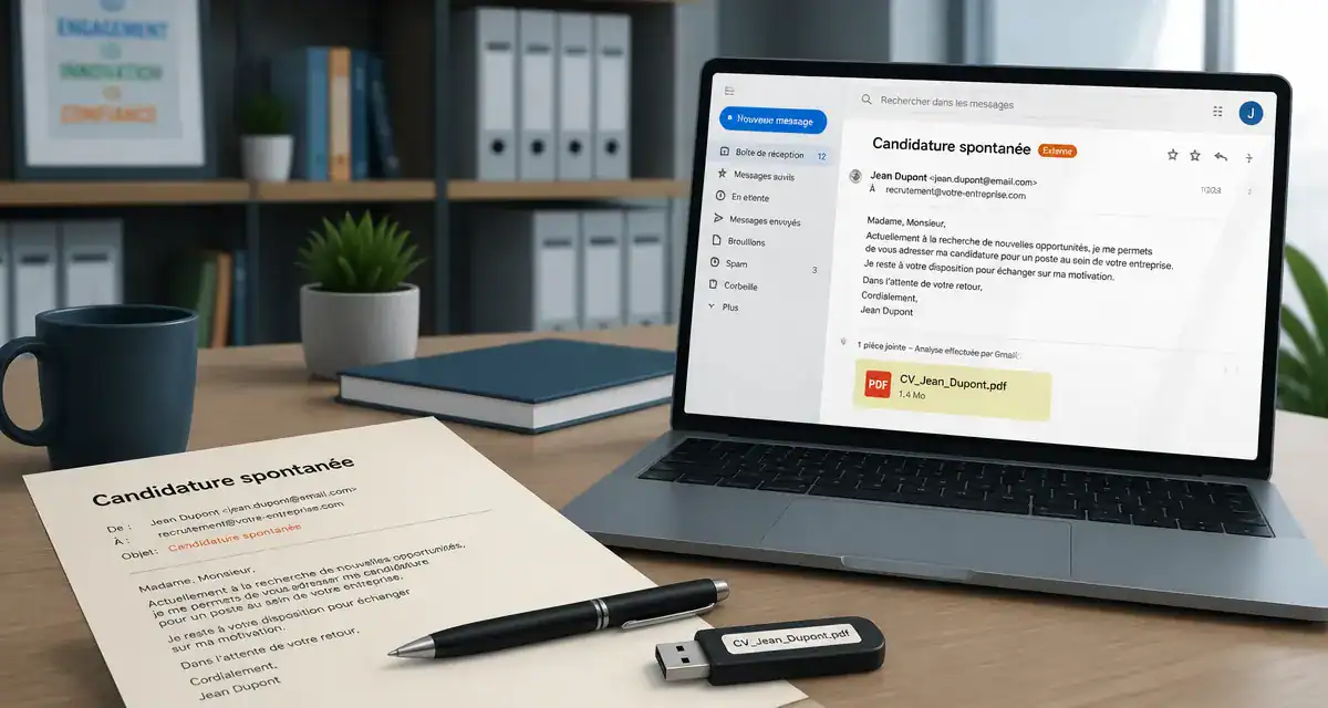 Exemple mail pour candidature spontanée : bureau, mail et pièce jointe PDF