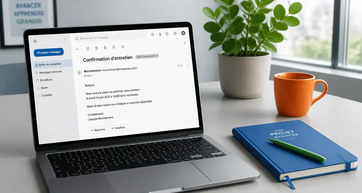 mail confirmation entretien sur ordinateur en bureau lumineux