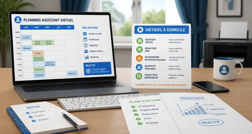 Metier a domicile sans diplome : bureau et ordinateur pour travailler à distance