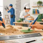 Scène d’atelier métier manuel avec artisans et outils