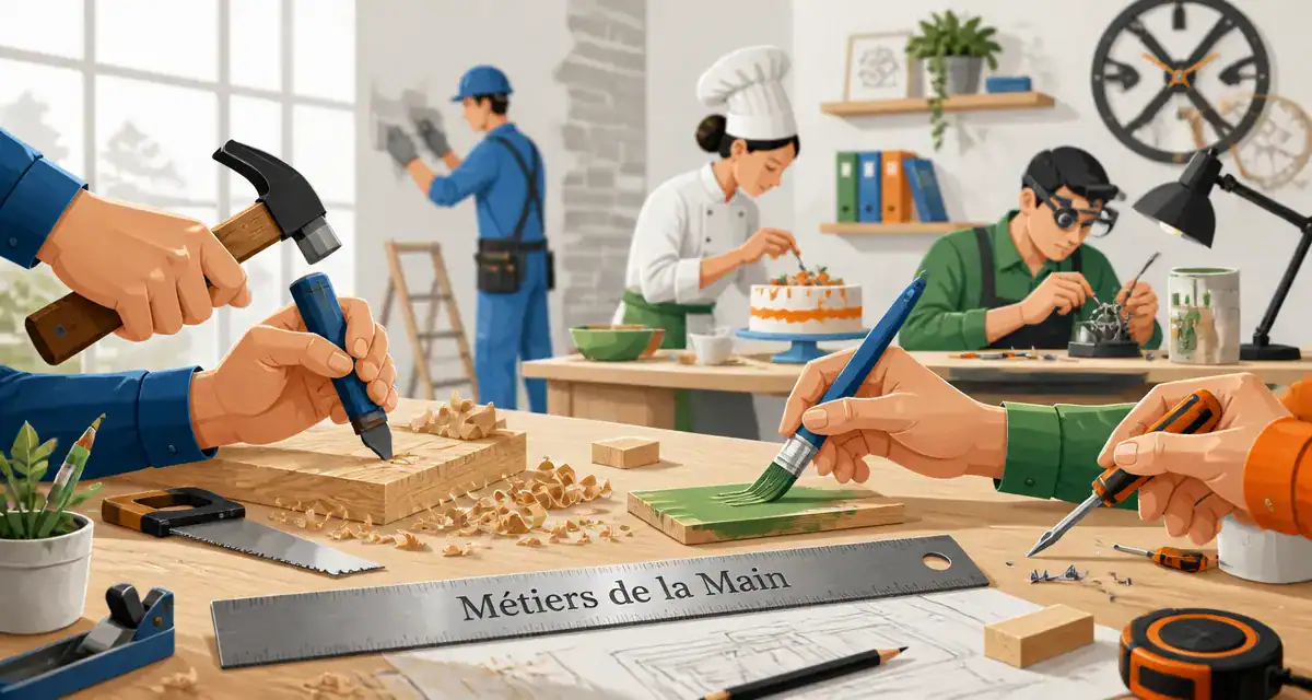 Scène d’atelier métier manuel avec artisans et outils