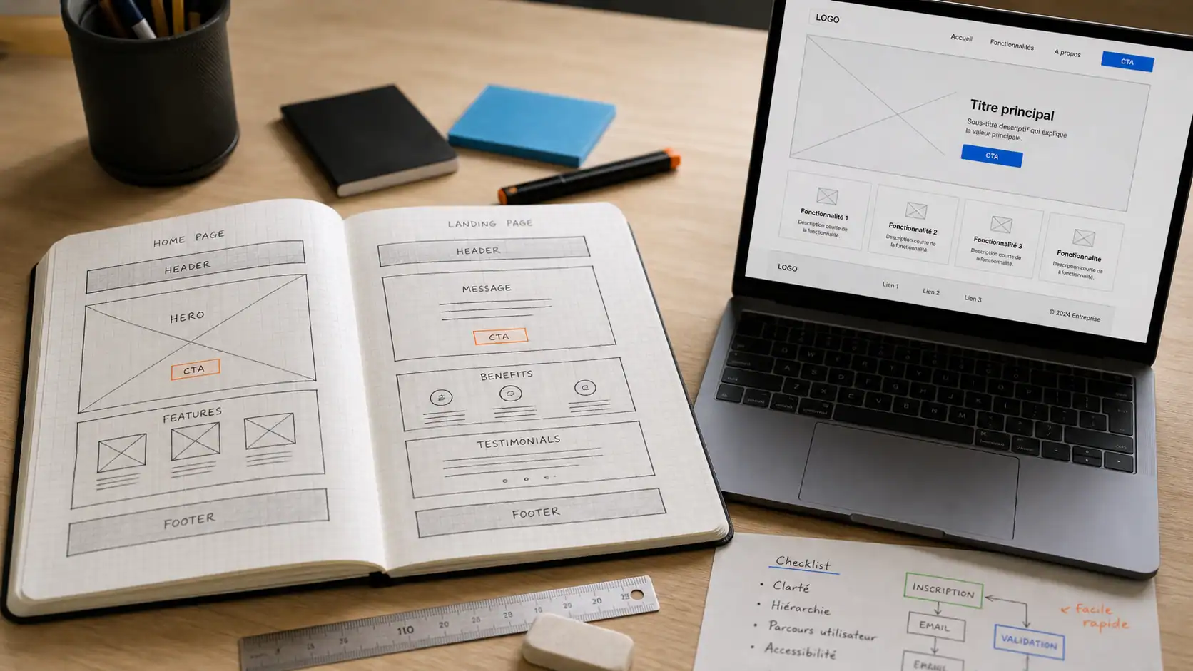 Zoning site web sur carnet : header, CTA, footer