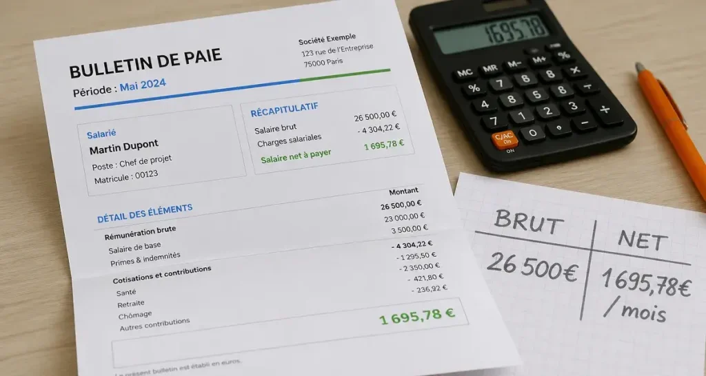 26500 brut en net : fiche de paie et calcul mensuel net