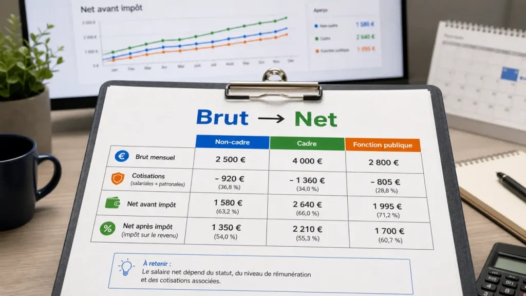 80000 brut en net : 5 300 €/mois avant impôt