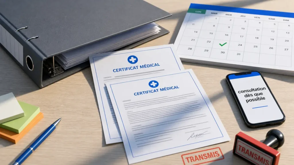 Arrêt de travail rétroactif : certificat médical transmis, calendrier et tampon