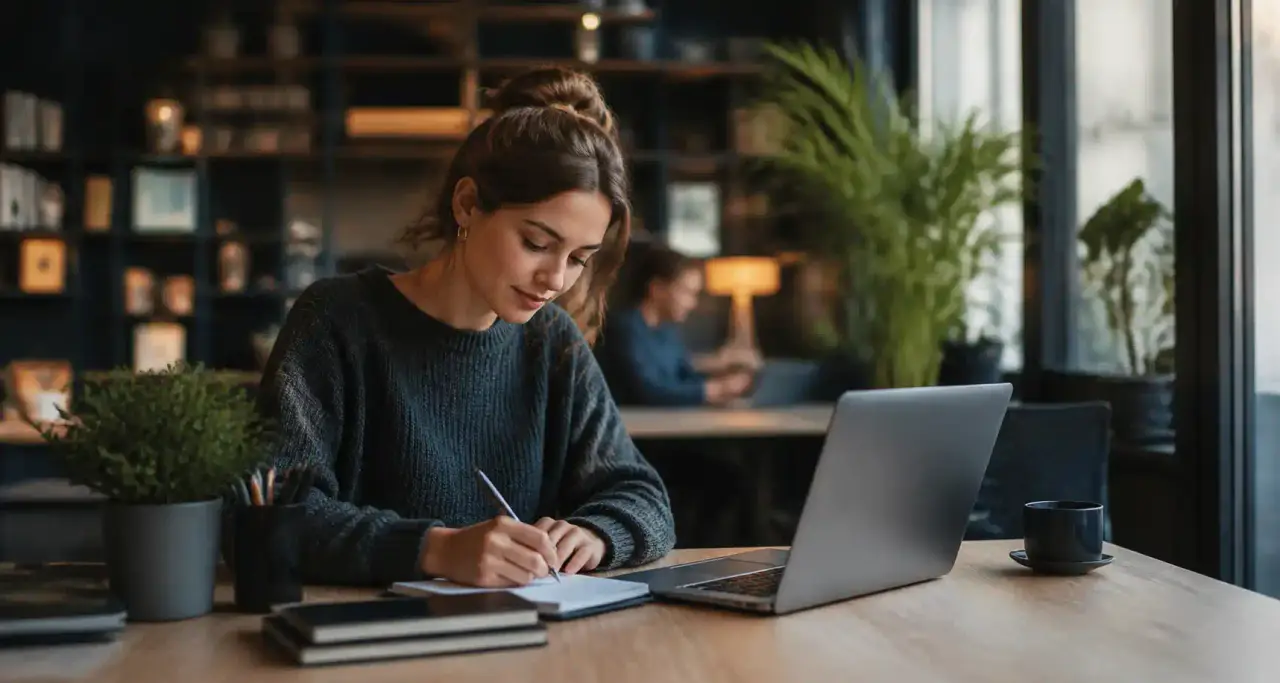 Personne en reconversion professionnelle travaillant dans un espace calme et lumineux
