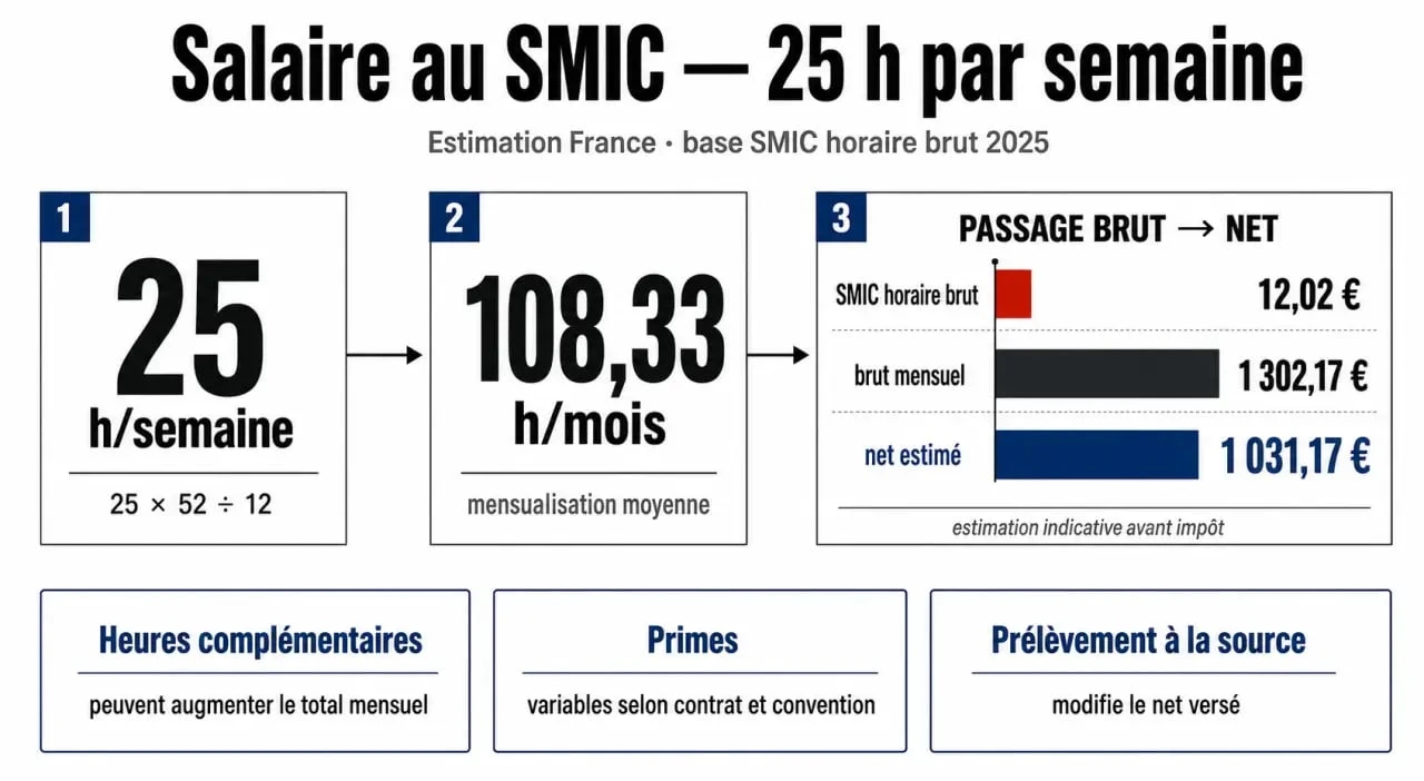Infographie 25h smic net avec le calcul du brut et du net mensuel