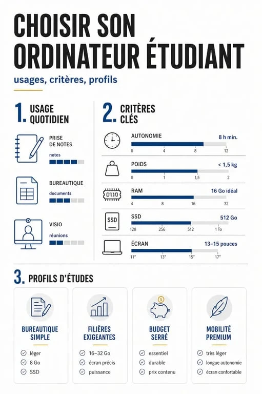 Quel ordinateur pour un étudiant : infographie comparative des critères essentiels et des profils d’usage