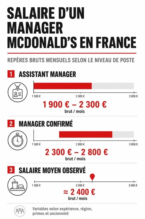 Salaire mcdo manager : infographie comparative des fourchettes de rémunération chez McDonald’s en France