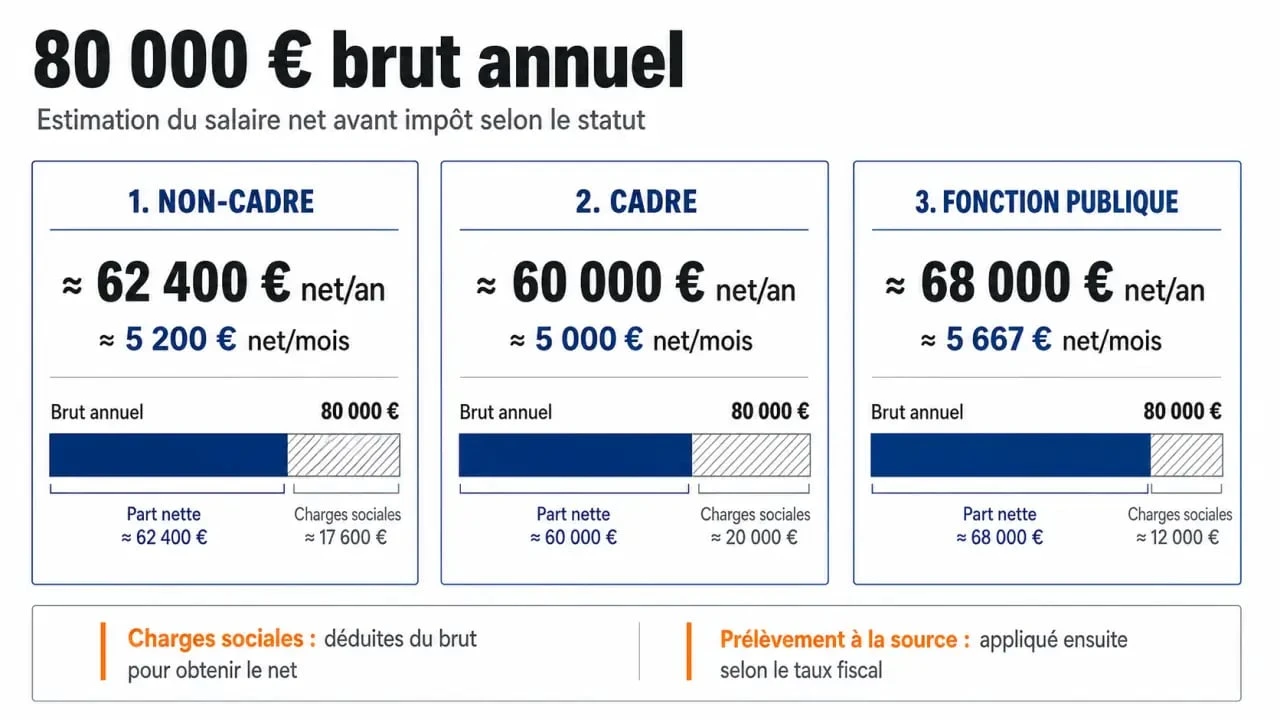 Infographie sur 80000 brut en net avec comparaison non-cadre, cadre et fonction publique