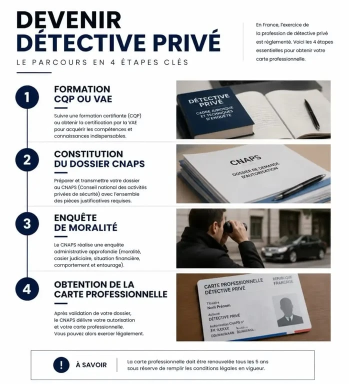 Infographie des étapes pour devenir détective privé sans diplôme en France