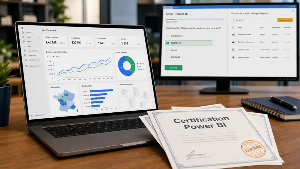 Formation power bi certifiante Microsoft ou TOSA, dashboard Power BI sur ordinateur portable