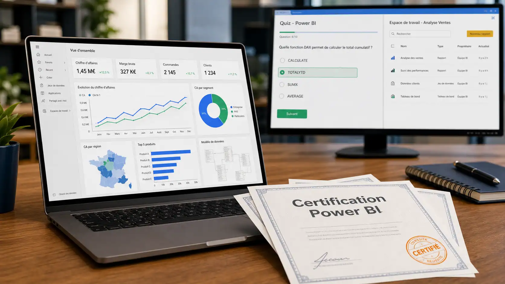 Formation power bi certifiante Microsoft ou TOSA, dashboard Power BI sur ordinateur portable