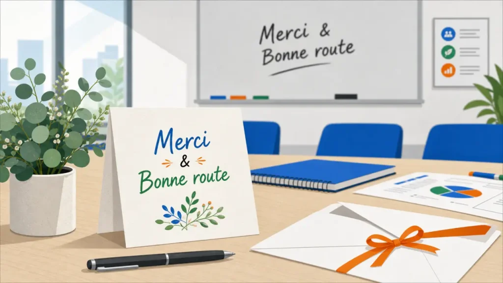 Message de départ positif : merci & bonne route en salle de réunion