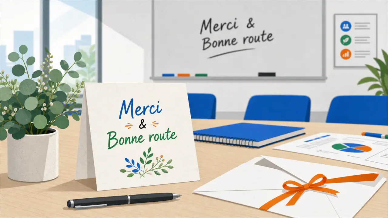 Message de départ positif : merci & bonne route en salle de réunion