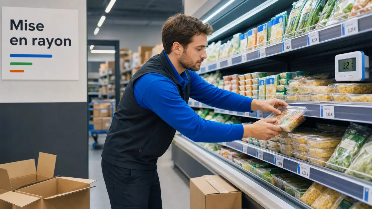 Mise en rayon metier : réassort au supermarché, horaires et étiquettes prix