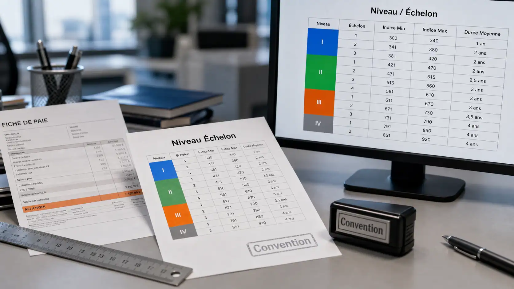 Niveau et echelon sur fiche de paie, impact salaire