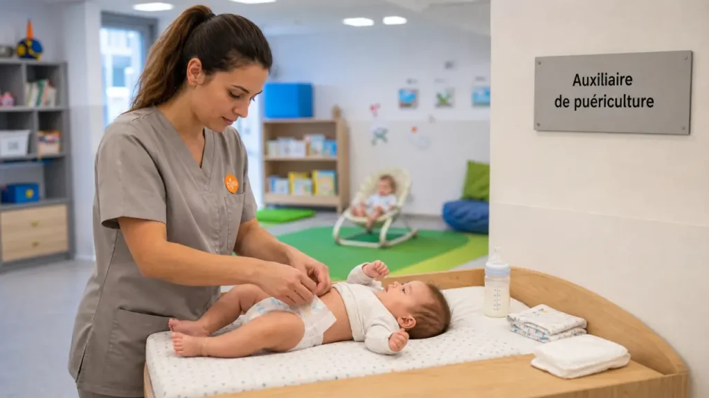 Auxiliaire de puériculture en crèche, change couche et soins bébé