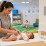 Auxiliaire de puériculture en crèche, change couche et soins bébé