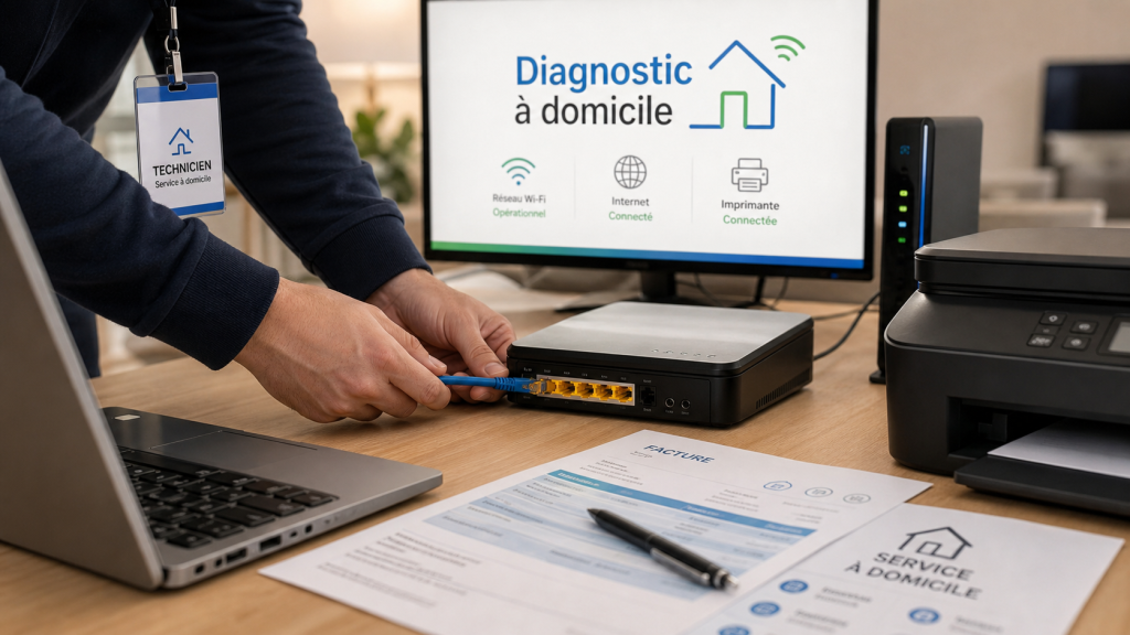 Technicien informatique à domicile diagnostique le Wi‑Fi et les appareils