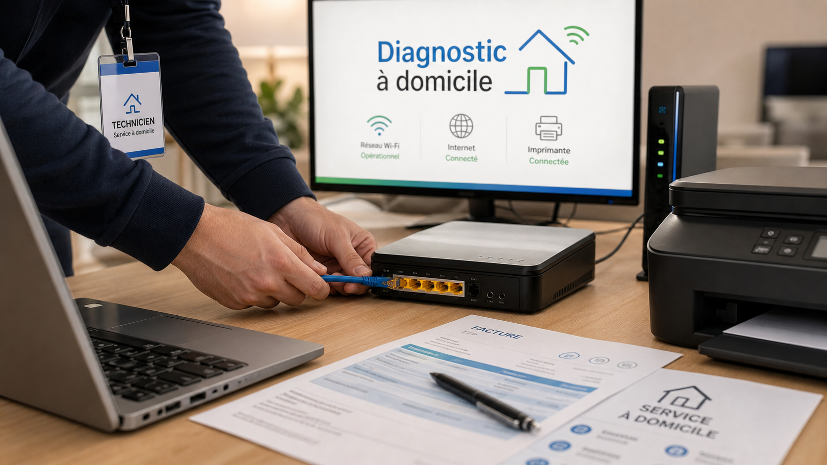 Technicien informatique à domicile diagnostique le Wi‑Fi et les appareils