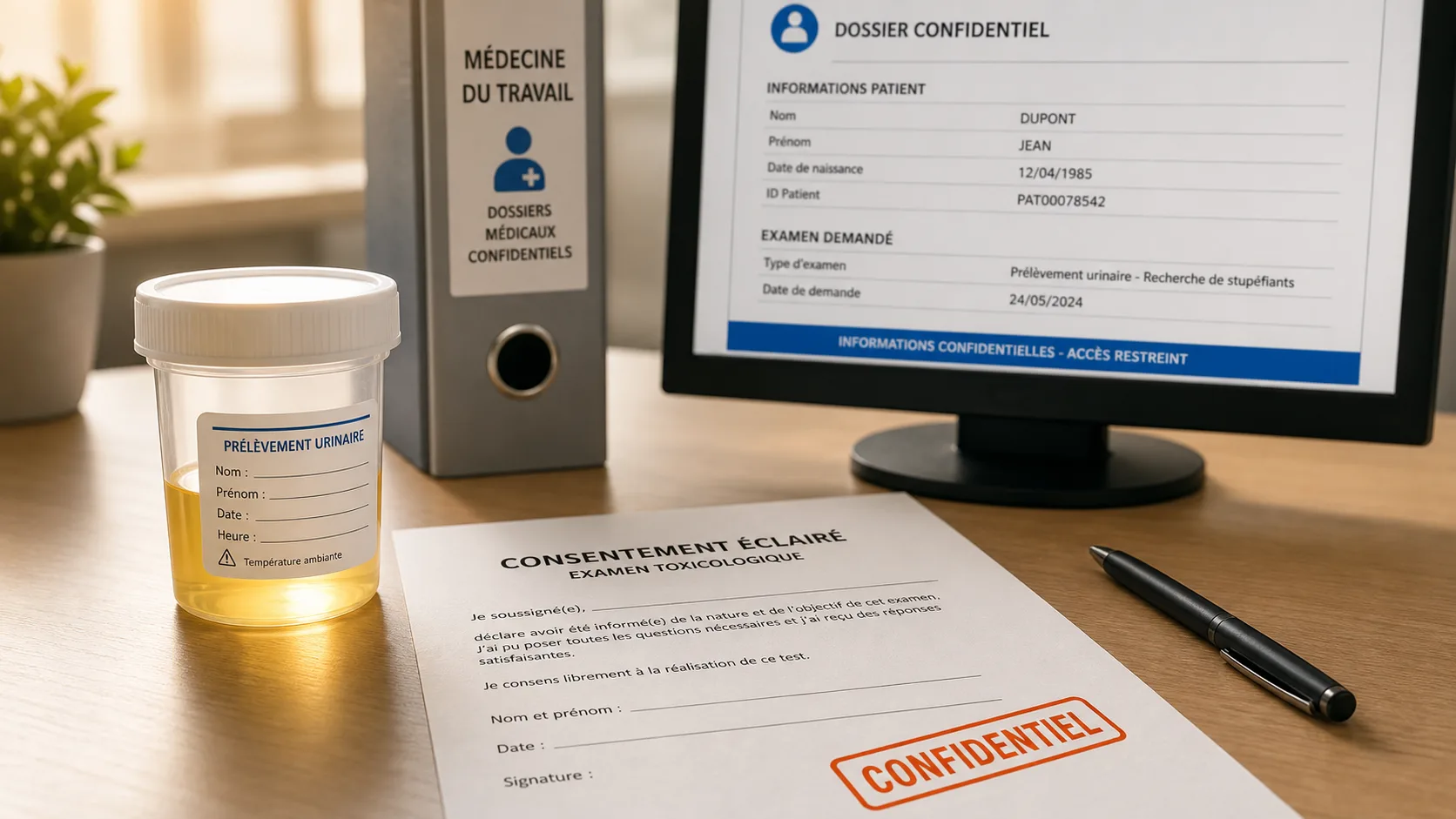 teste urinaire medecine du travail : boîte de prélèvement et consentement