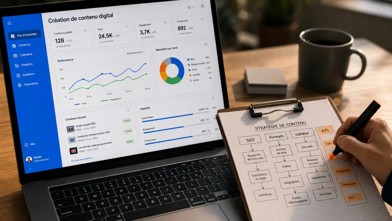 Création de contenu digital : SEO, formats et stratégie éditoriale sur un ordinateur