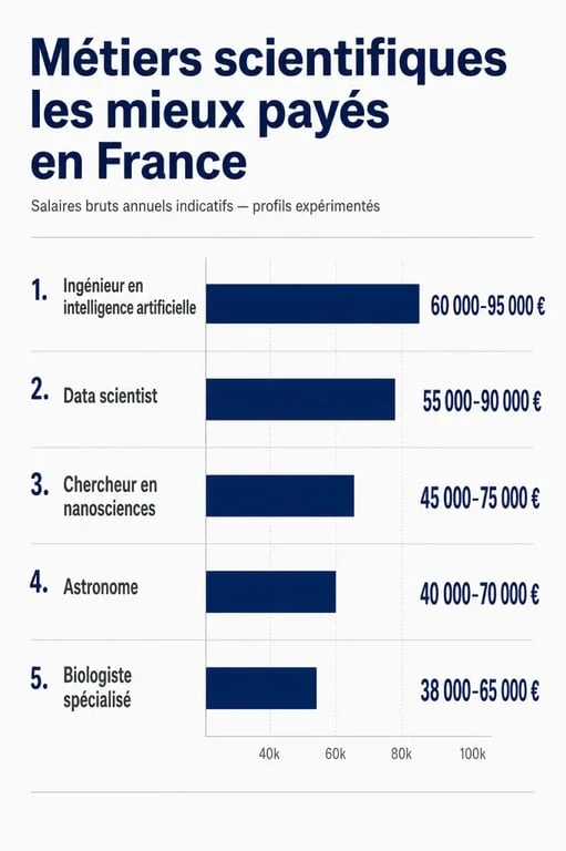 Comparatif des métiers scientifiques bien payé avec salaires indicatifs, études et secteurs porteurs