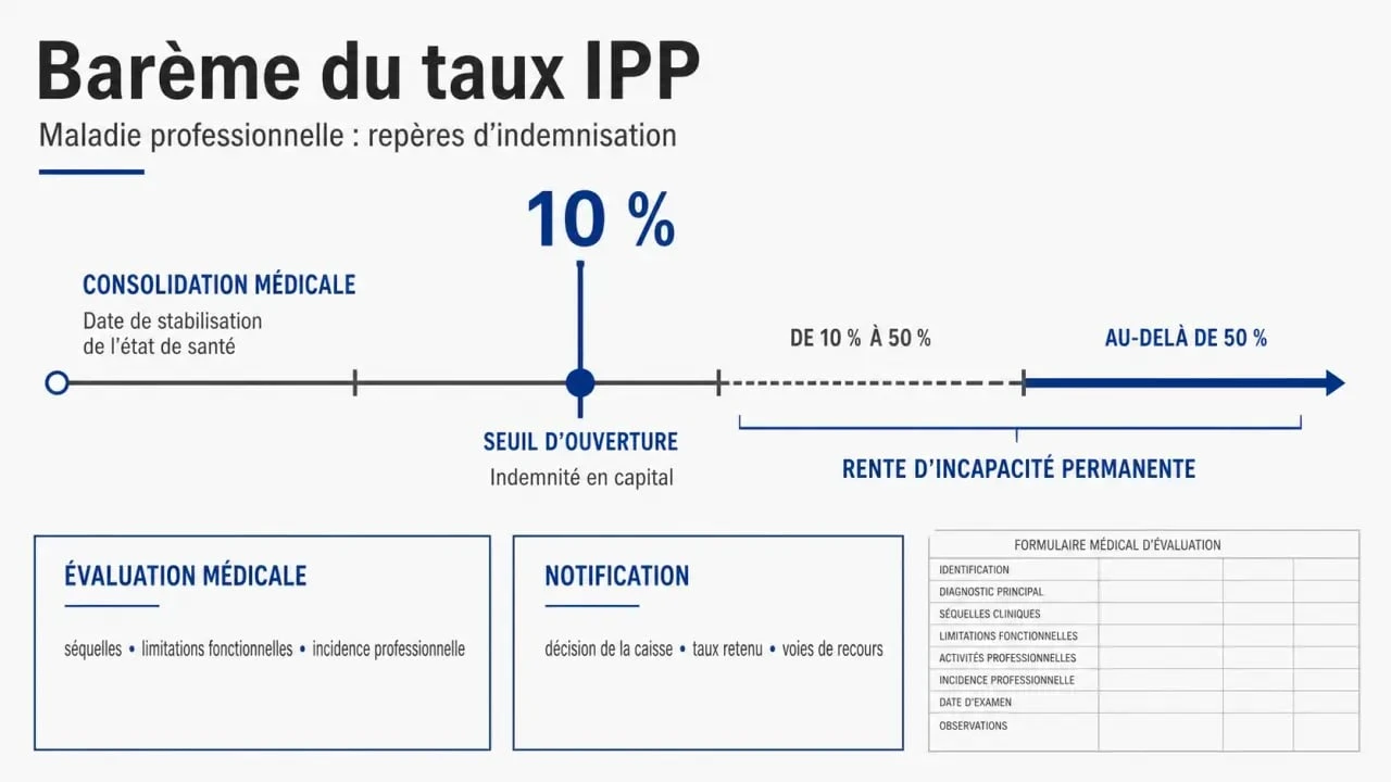 Infographie barème taux IPP maladie professionnelle : seuils 10 % et 50 %, indemnité en capital puis rente