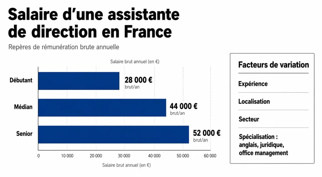 Infographie sur le salaire assistante de direction salaire en France avec repères débutant, médian et senior