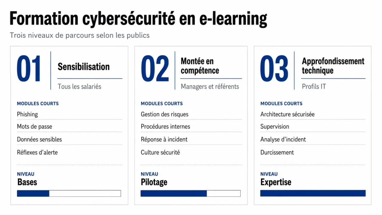 Formation cybersécurité en e-learning : comparaison des niveaux sensibilisation, avancé et expert