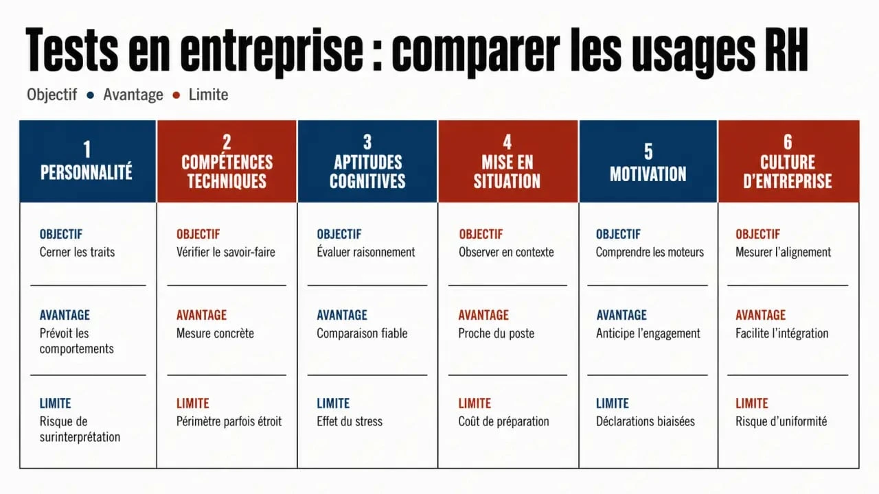 Infographie comparative des tests en entreprise : personnalité, compétences, aptitudes, mises en situation et motivation