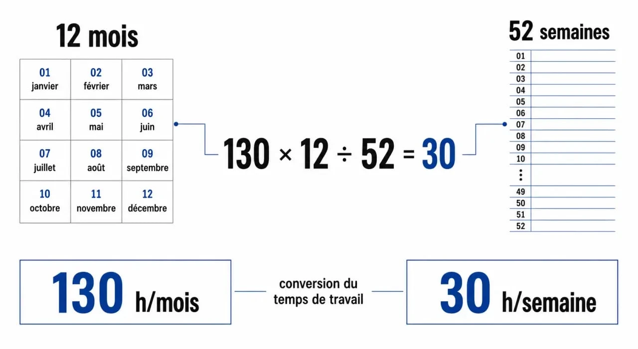 130h par mois combien par semaine : conversion visuelle de 130 heures mensuelles en 30 heures hebdomadaires