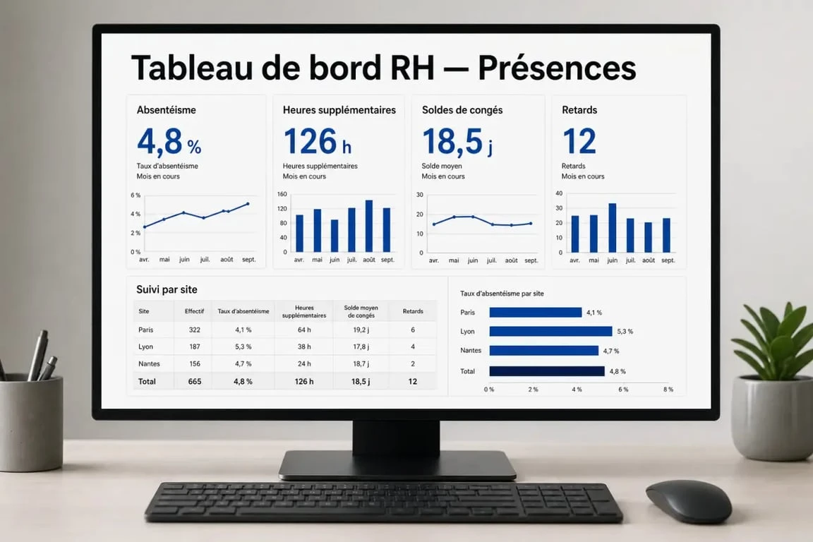 Gestion des temps de présence : tableau de bord RH avec absentéisme, congés et heures supplémentaires
